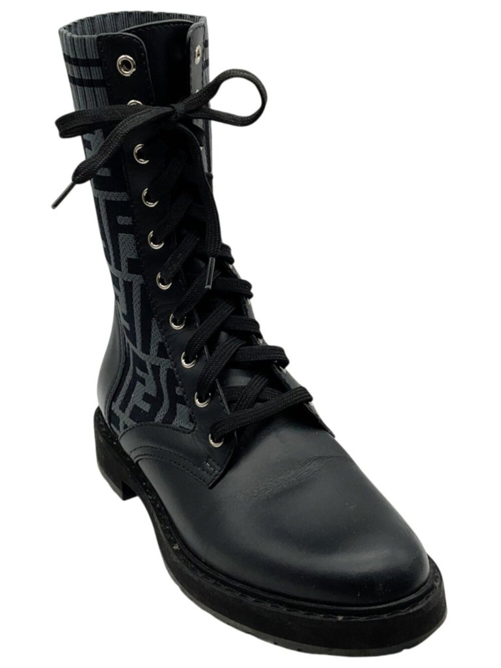 Fendi Black Leather & FF Motif Sock Knit Rockoko Combat Boots